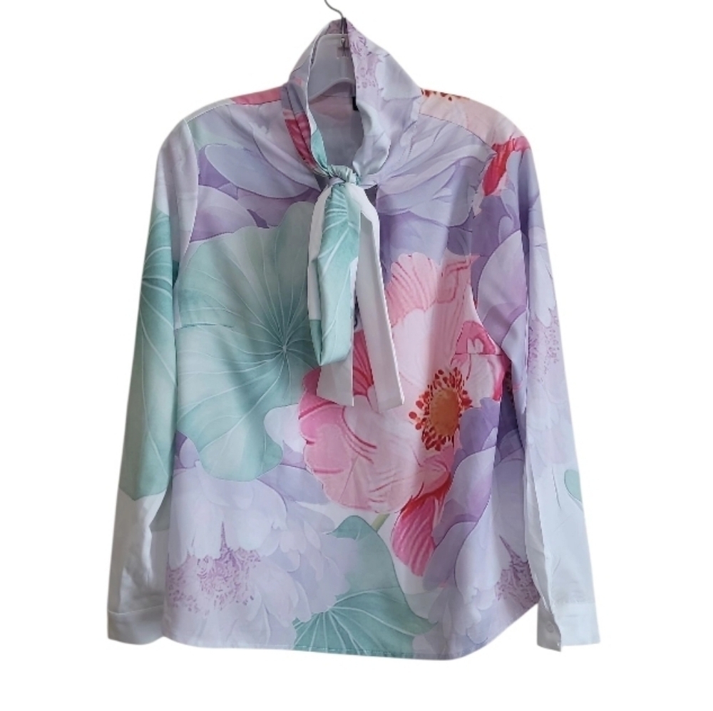 SHEIN Multicolor Floral Longsleeve Blouse with Bow Size Xlarge